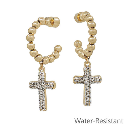Gold Beaded with Rhinestone Cross 1.5" Hoop Earring