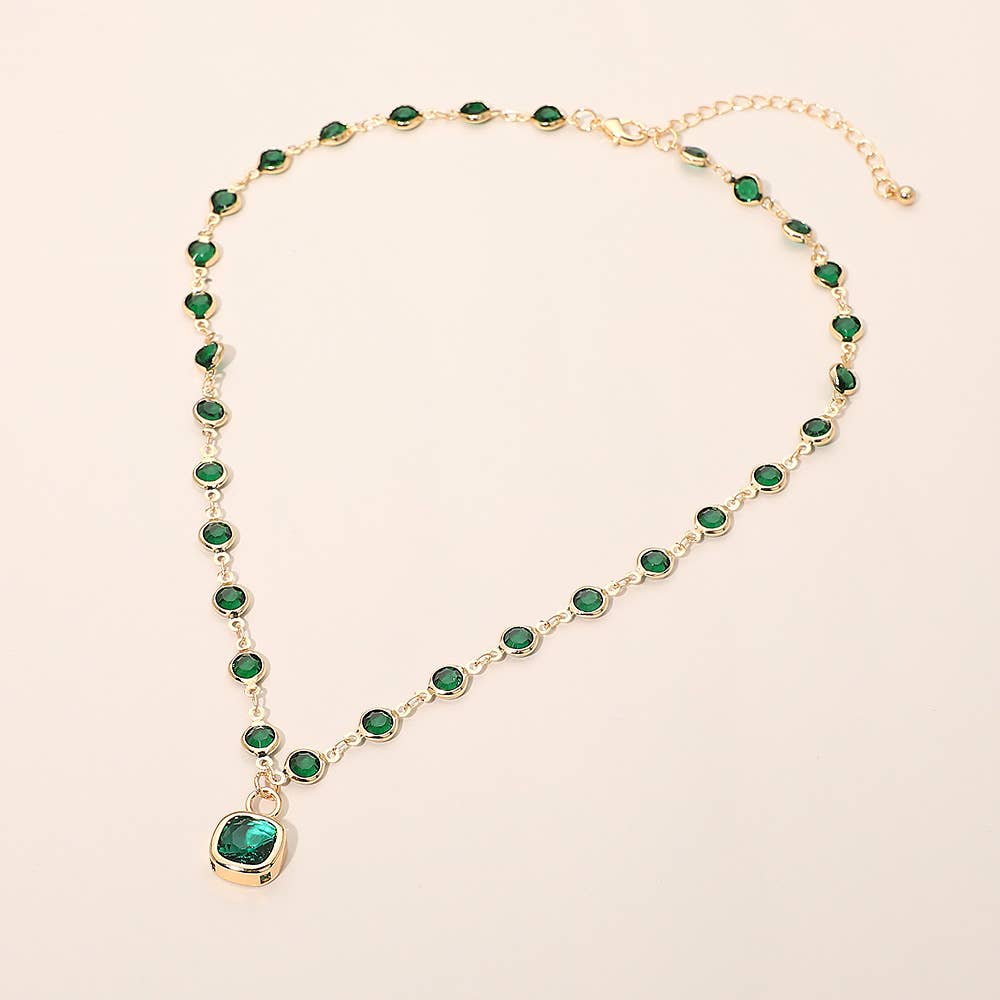 Square Stone Pendant Accent Round Bezel Link Necklace