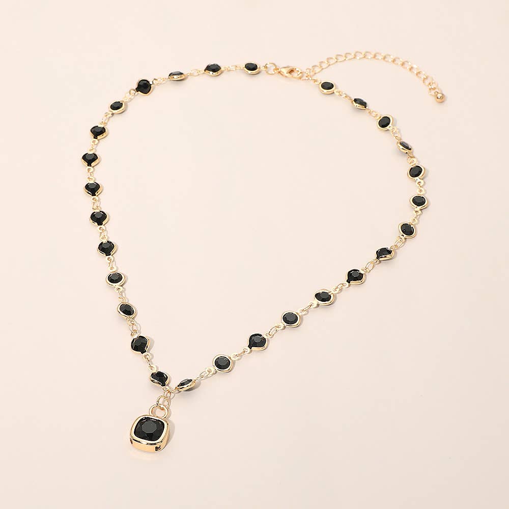 Square Stone Pendant Accent Round Bezel Link Necklace