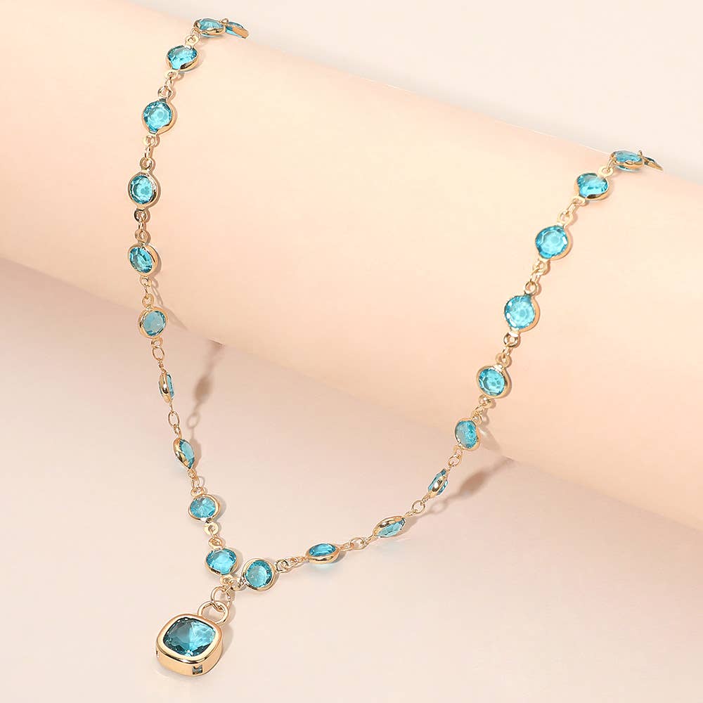 Square Stone Pendant Accent Round Bezel Link Necklace