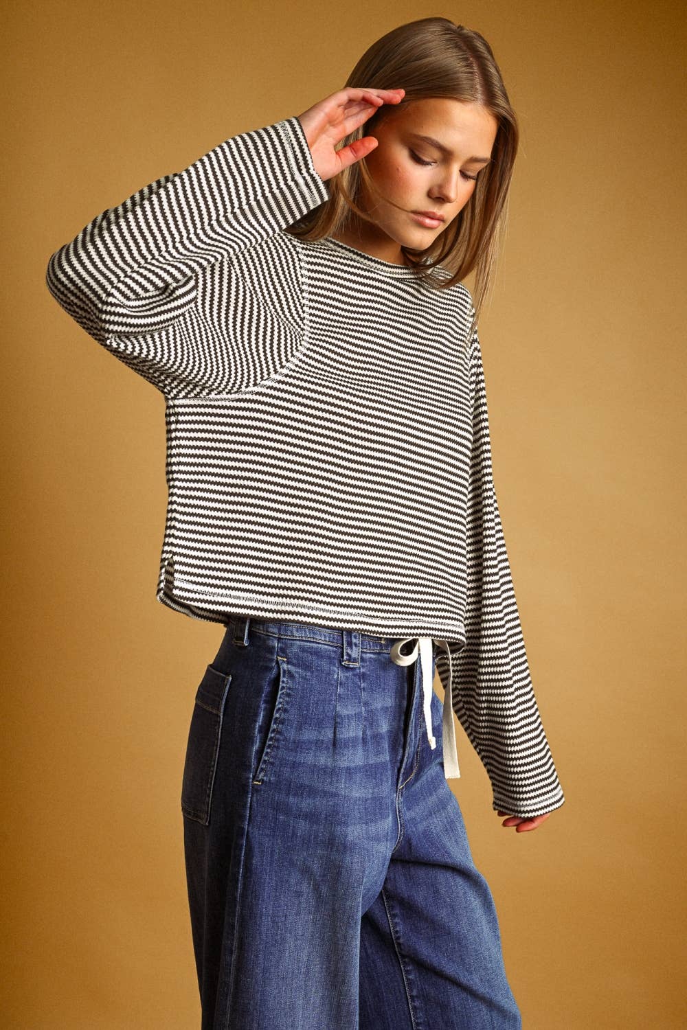 STRIPED WAFFLE FABRIC LONG SLEEVE TOP