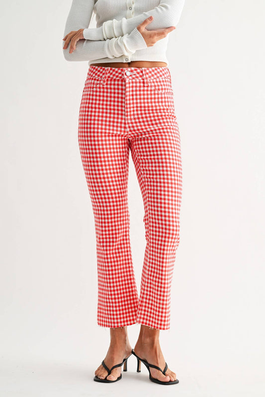Just Black Denim High Rise Cropped Flare - RED GINGHAM