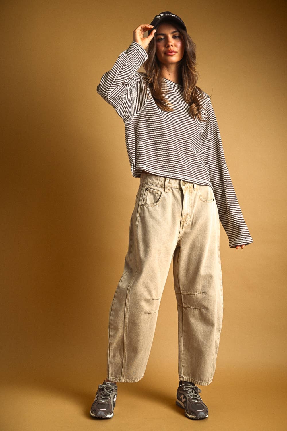 STRIPED WAFFLE FABRIC LONG SLEEVE TOP