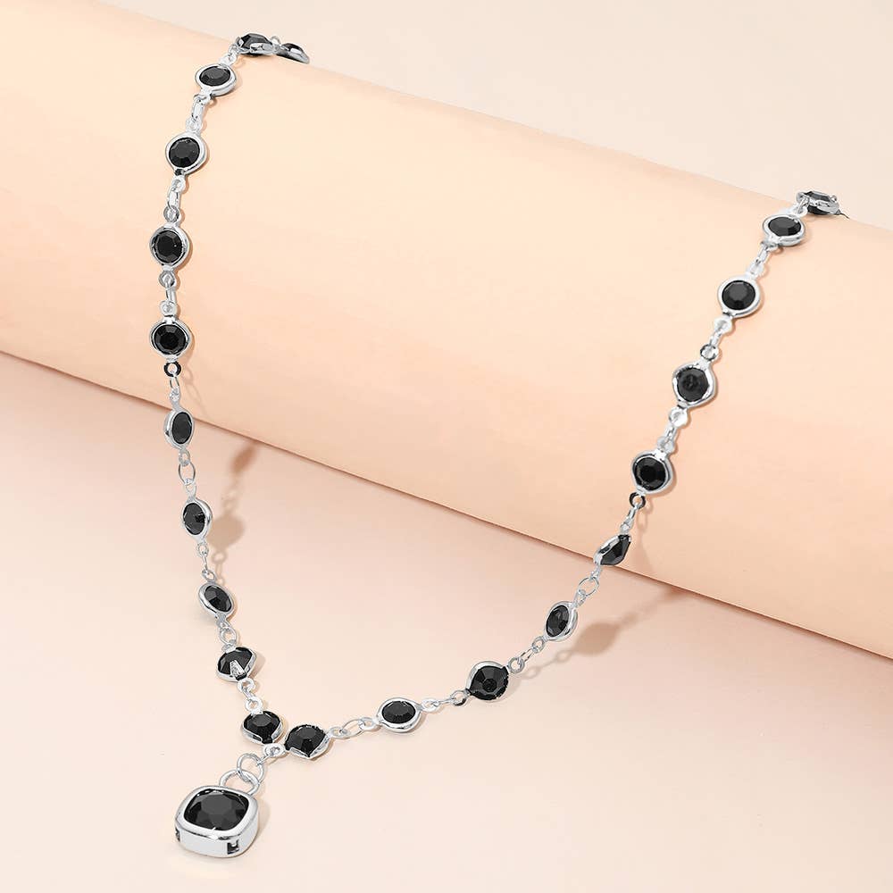 Square Stone Pendant Accent Round Bezel Link Necklace