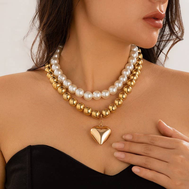 PEARL BEADED LAYERED HEART NECKLACE