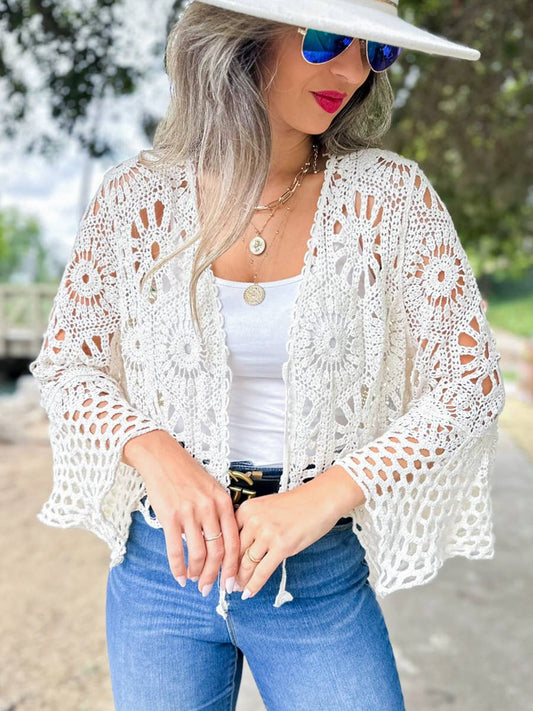 Ivory Unique Floral Open Front Long Sleeve Crochet Cardigan