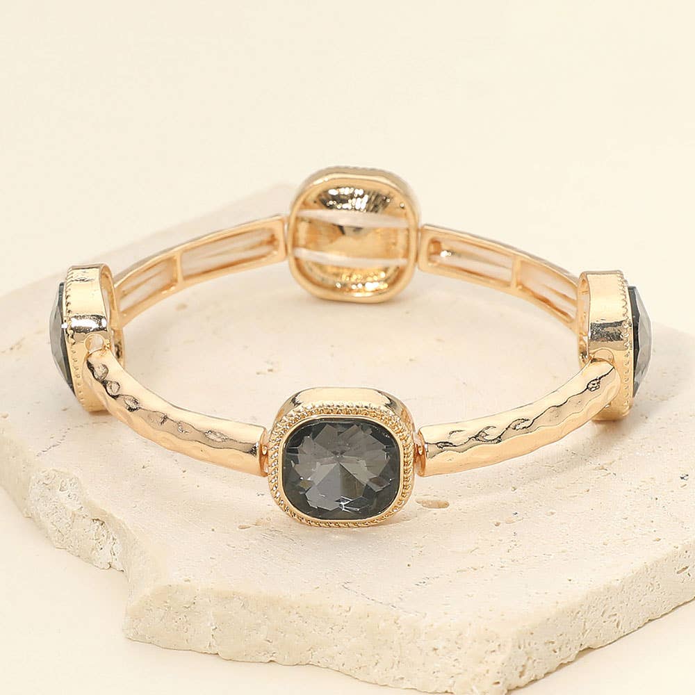 Square Stone Bezel Accent Hammered Bar Beaded Stretch Bracelet