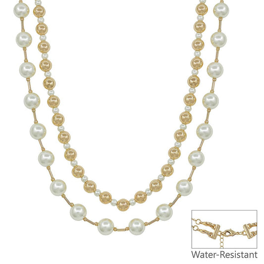 Gold Beaded and Pearl Double Layered Necklace