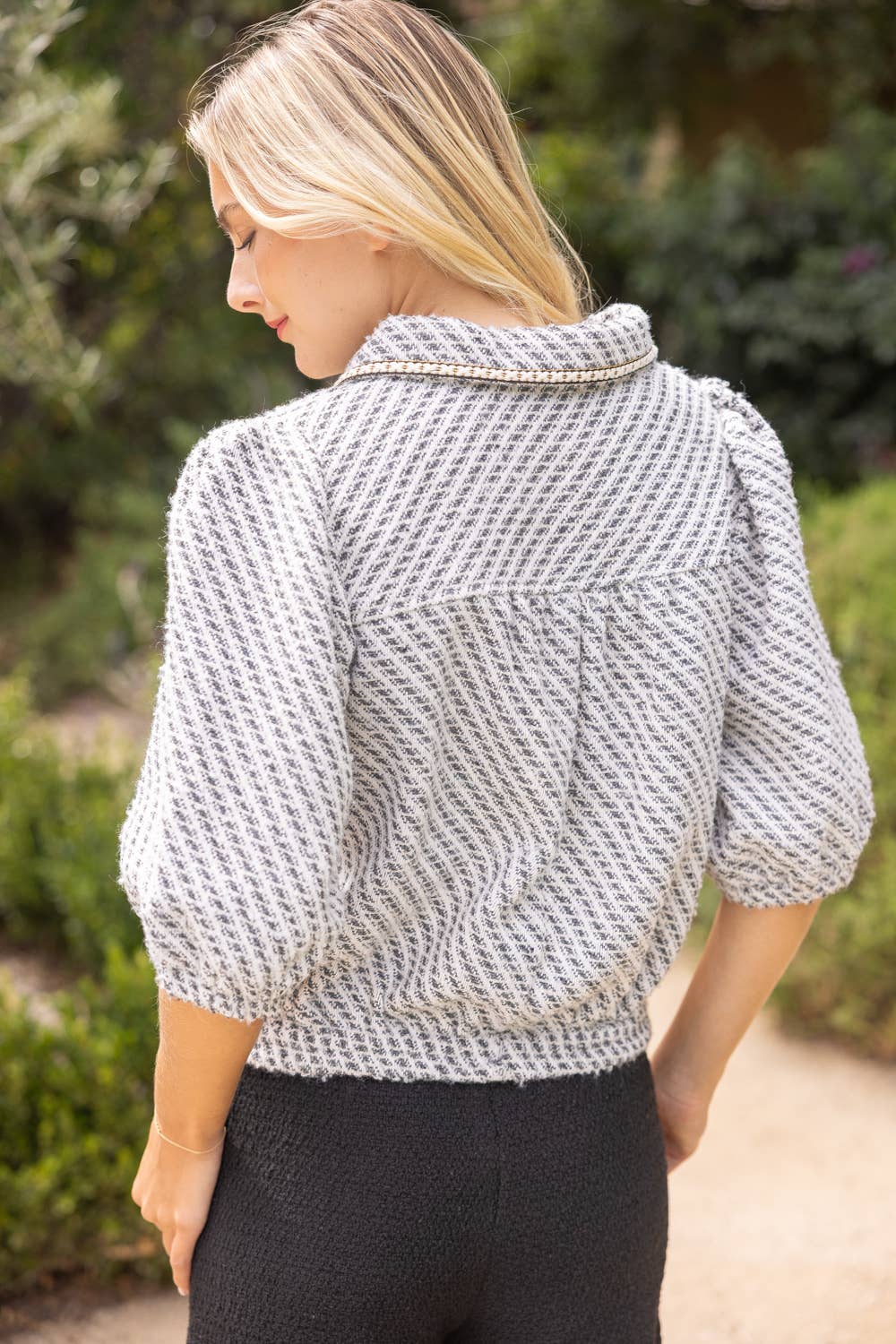 Pearl Quarter Button Collared Tweed Top