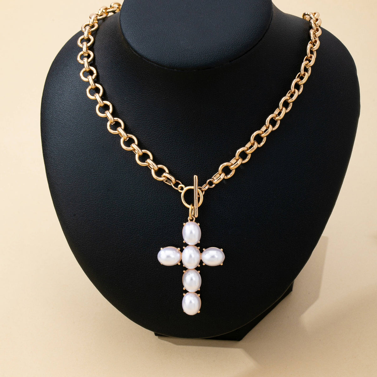 Large Pearl Cross Toggle Necklace