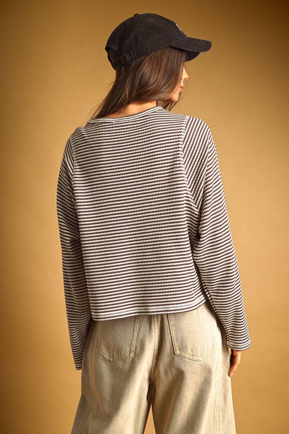STRIPED WAFFLE FABRIC LONG SLEEVE TOP