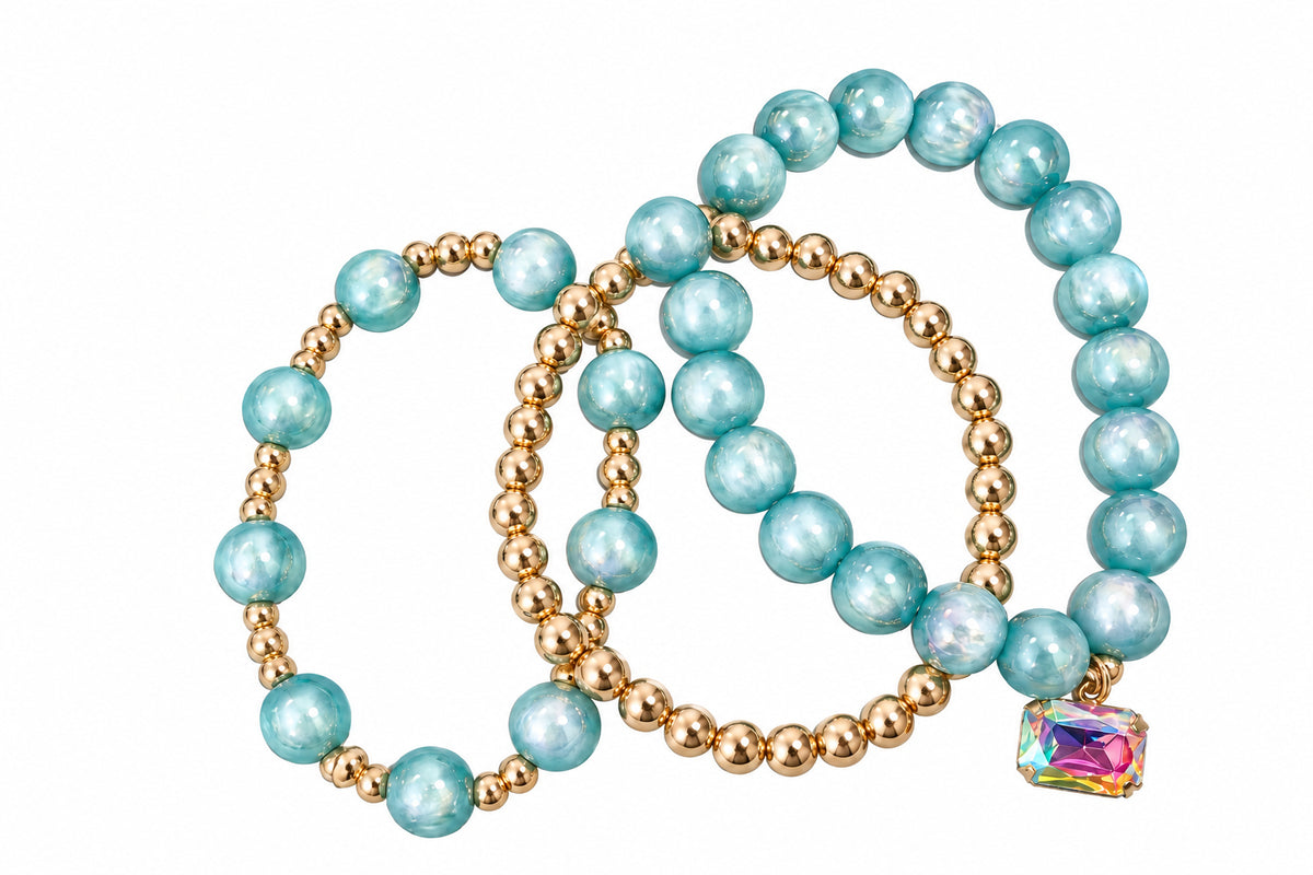 Blue/Mint Beaded and Gold Set of 3 Bracelet