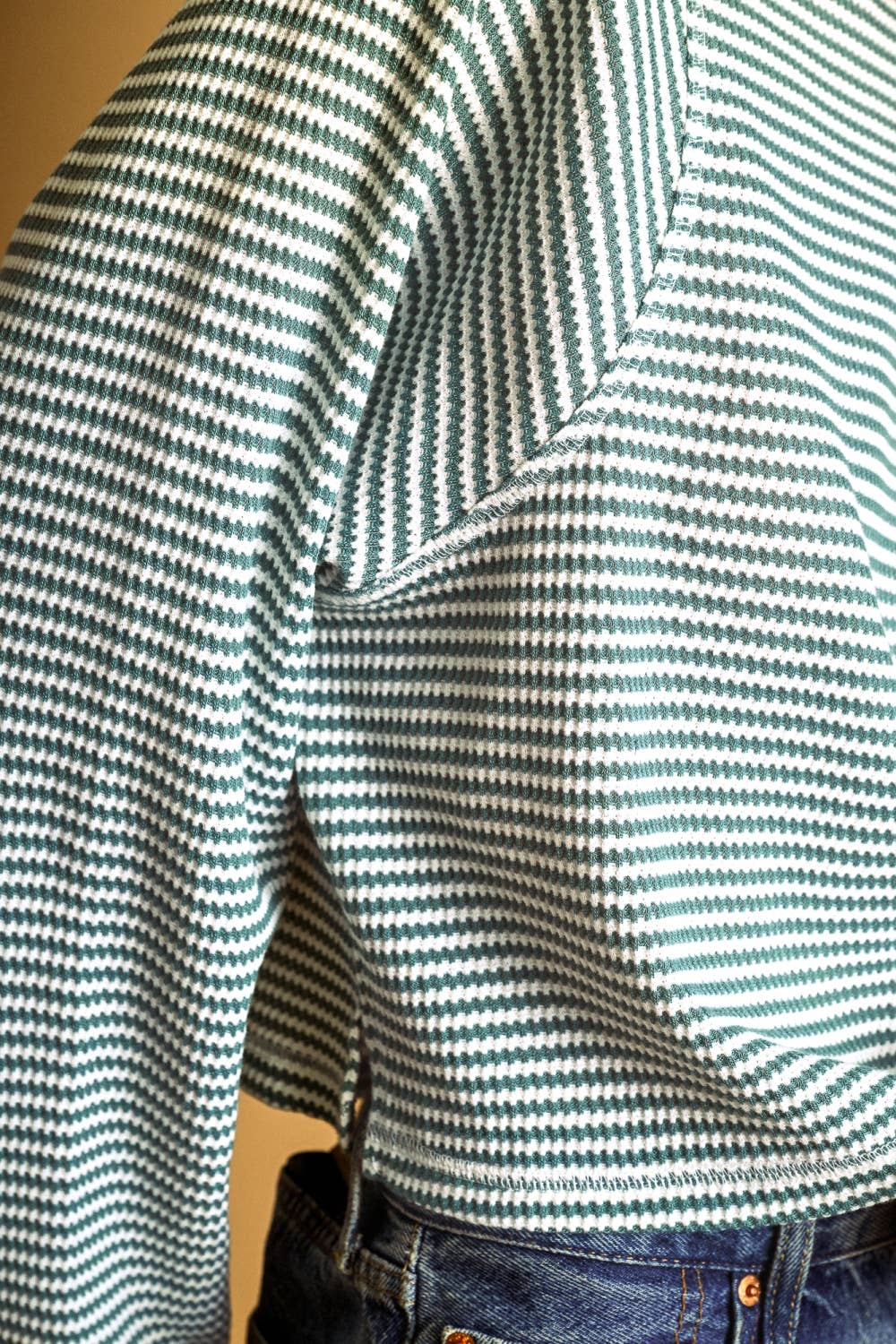 STRIPED WAFFLE FABRIC LONG SLEEVE TOP