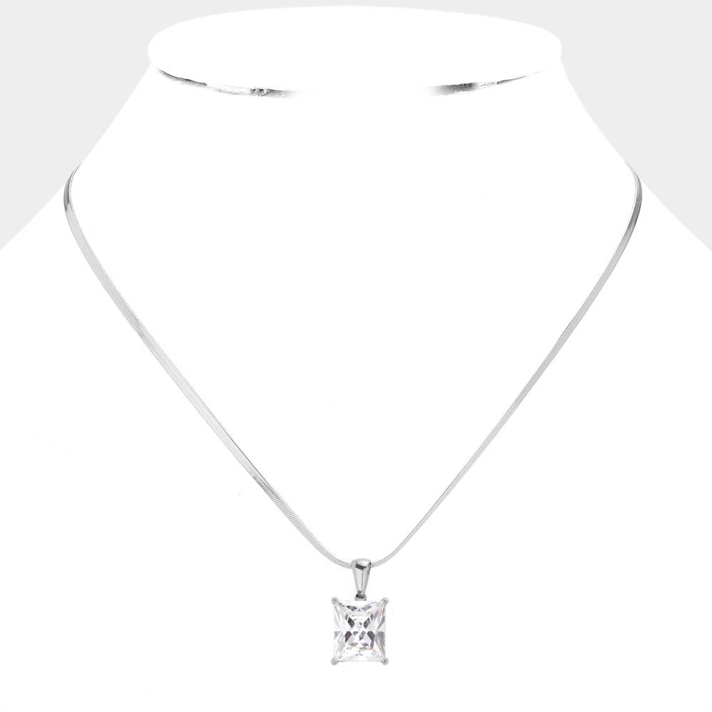 18K Gold Dipped CZ Rectangle Pendant Necklace