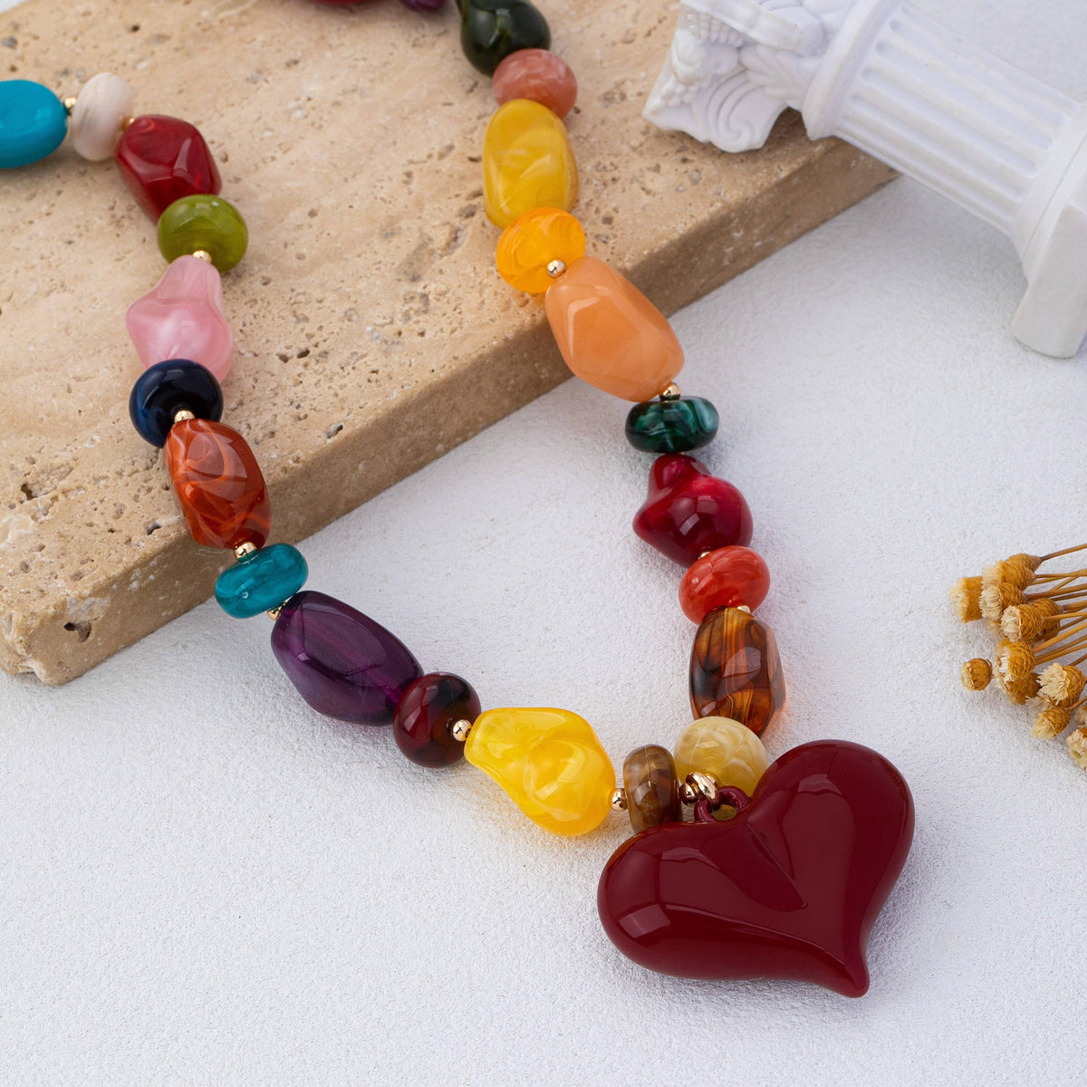 Multicolor Bead Heart Necklace