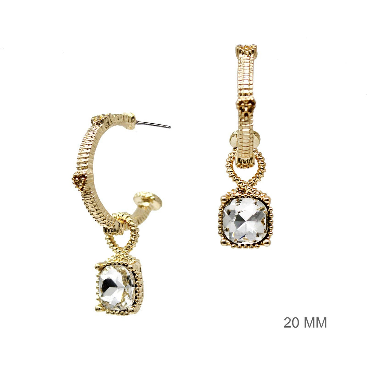 Gold Ribbed 1" Hoop with Clear Crystal Stone Earring