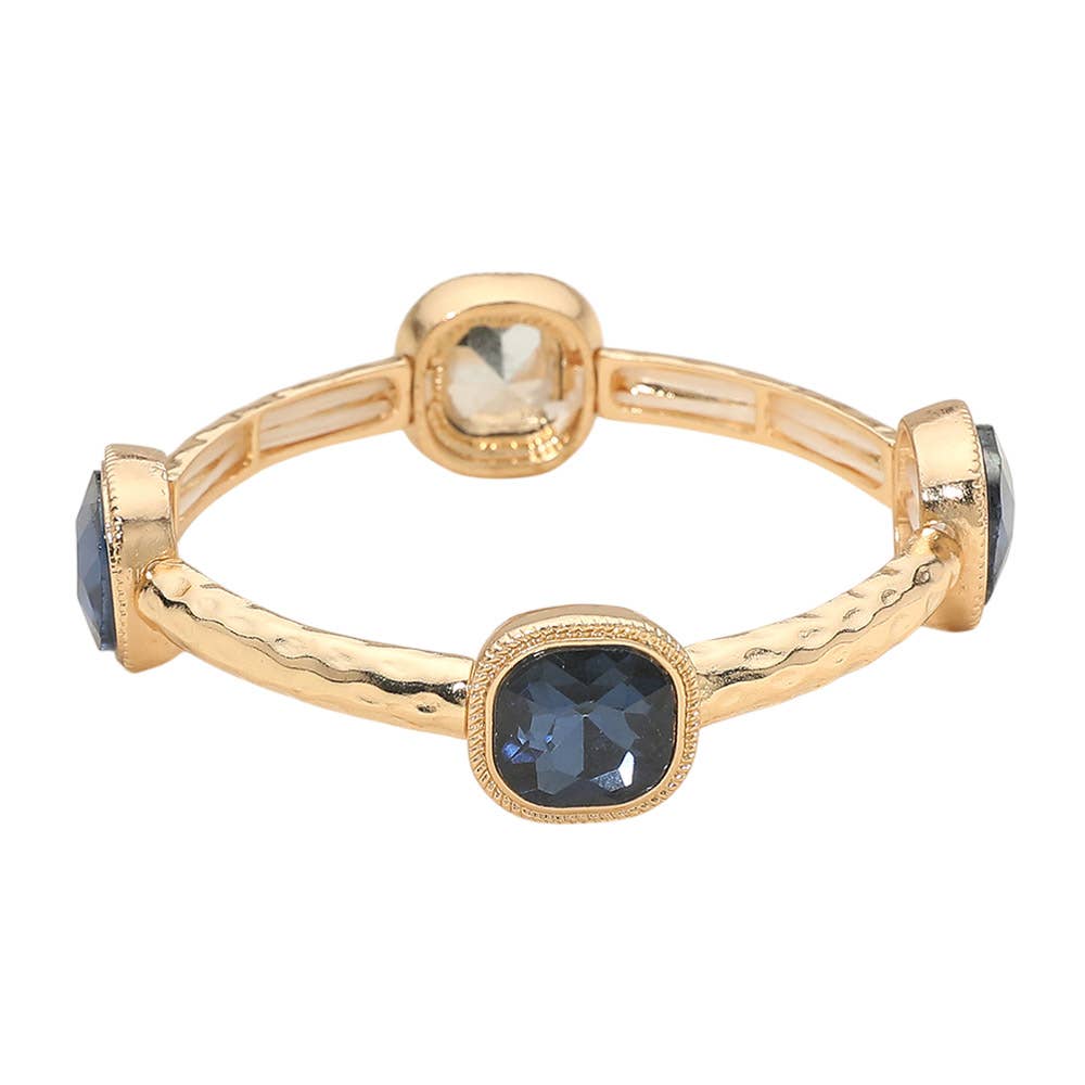 Square Stone Bezel Accent Hammered Bar Beaded Stretch Bracelet