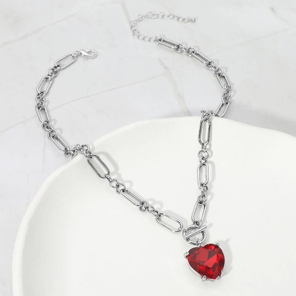 Chunky Heart Stone Cluster Toggle Pendant Necklace