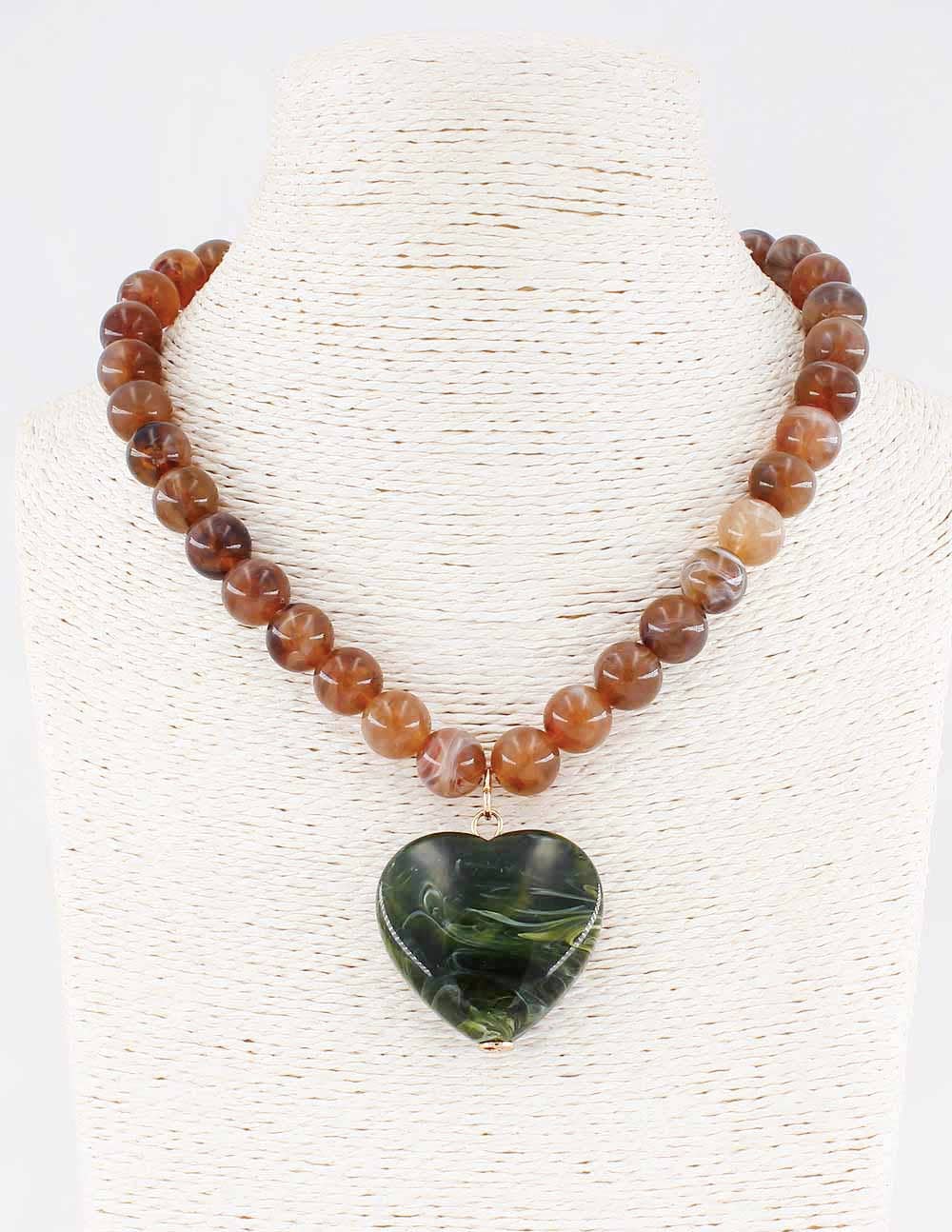 Brown Beaded with Green Stone Heart Necklace