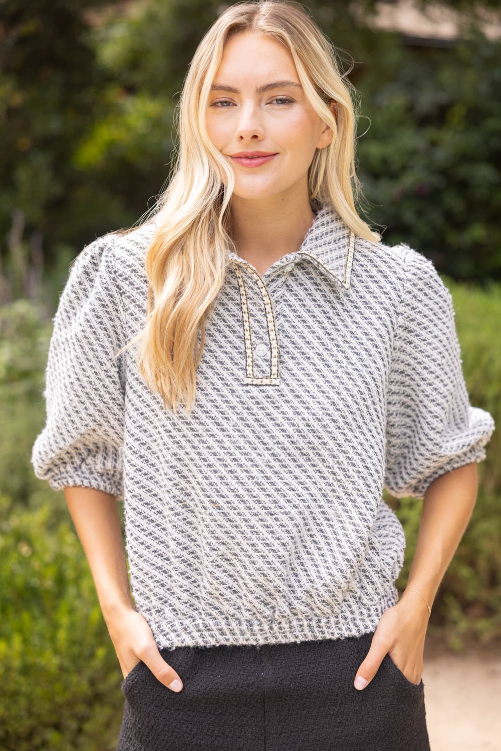 Pearl Quarter Button Collared Tweed Top