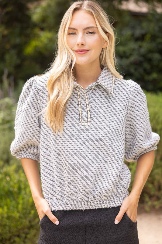 Pearl Quarter Button Collared Tweed Top