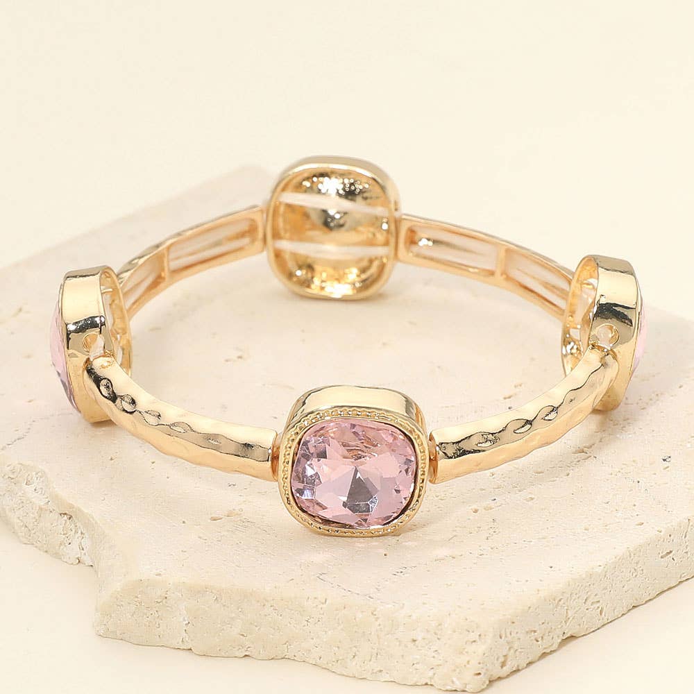 Square Stone Bezel Accent Hammered Bar Beaded Stretch Bracelet
