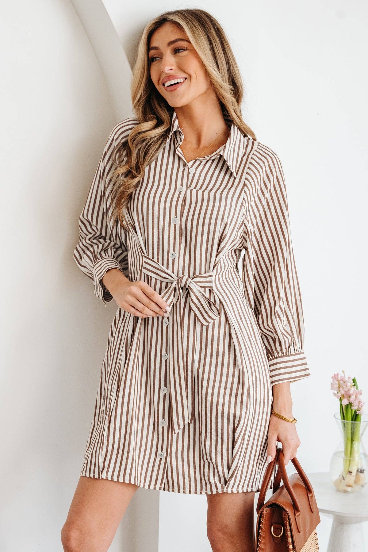 Stripe Tie Waist Shirt Dress