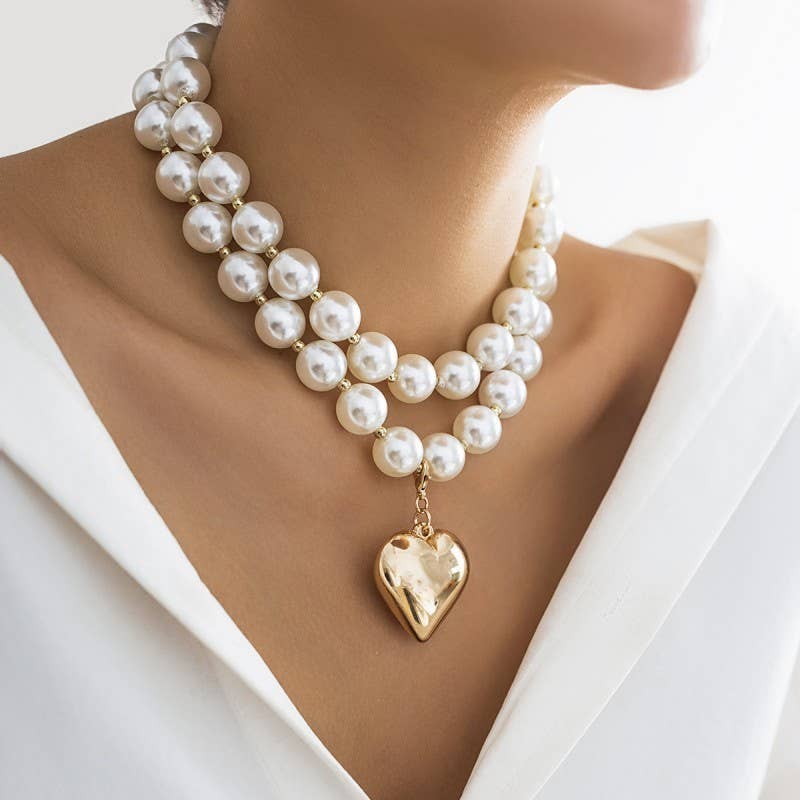 PEARL BEADED LAYERED HEART NECKLACE