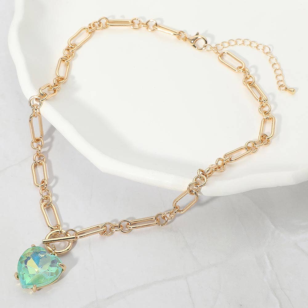 Chunky Heart Stone Cluster Toggle Pendant Necklace