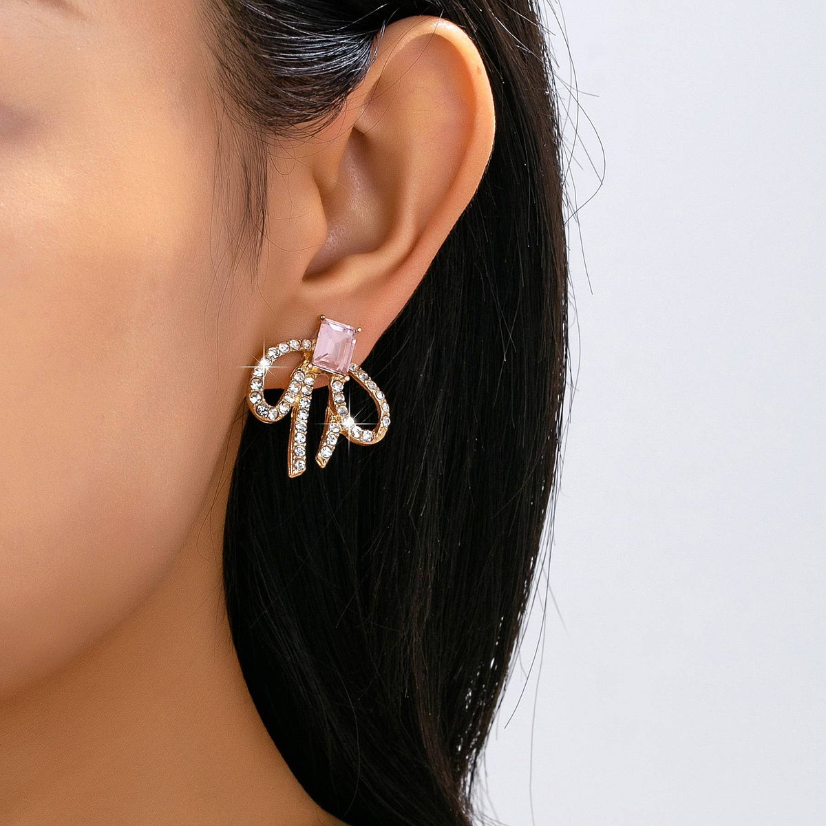 Pink Crystal Rhinestone Bow Earrings