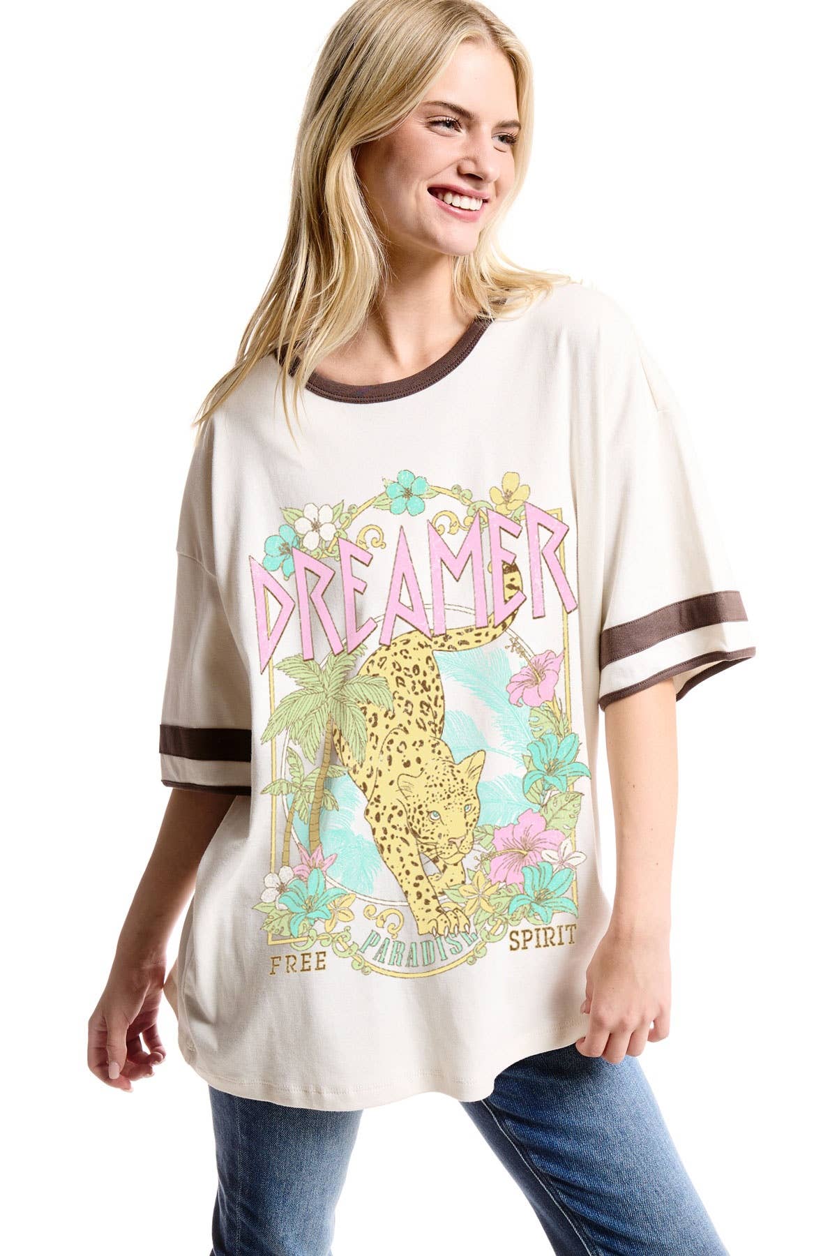 Dreamer Leopard Paradise Oversized Tee W/ Stripe Sleeve