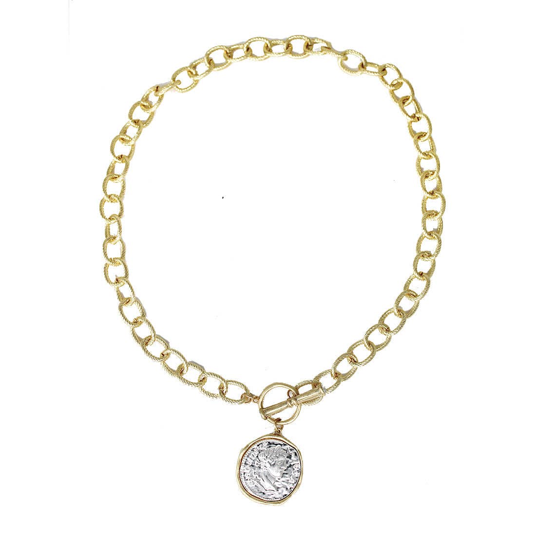 Gold and Silver Cross Stamped Coin Necklace