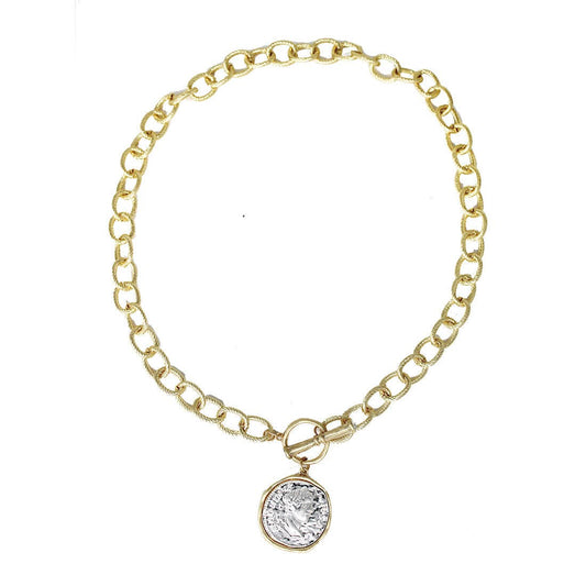 Gold and Silver Cross Stamped Coin Necklace