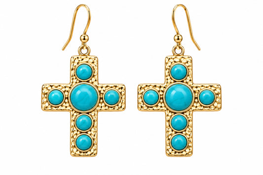 Gold Turquoise Cross Earring