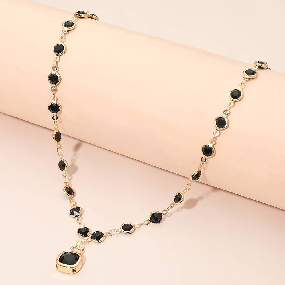 Square Stone Pendant Accent Round Bezel Link Necklace