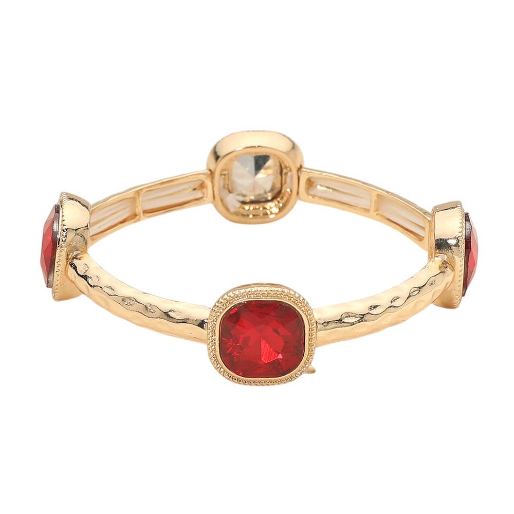 Square Stone Bezel Accent Hammered Bar Beaded Stretch Bracelet