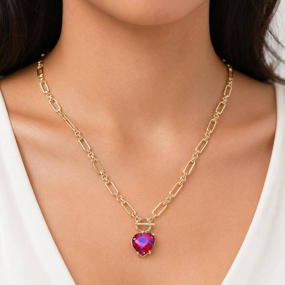 Chunky Heart Stone Cluster Toggle Pendant Necklace