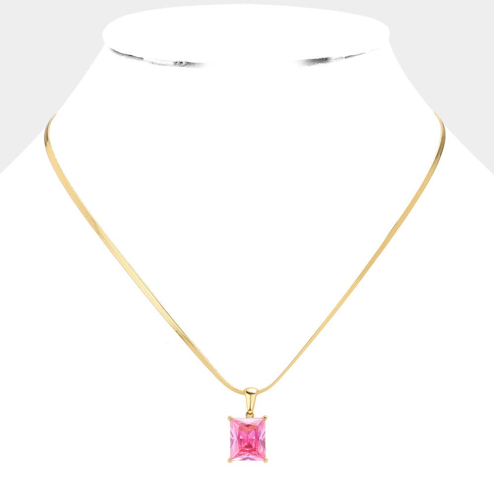 18K Gold Dipped CZ Rectangle Pendant Necklace