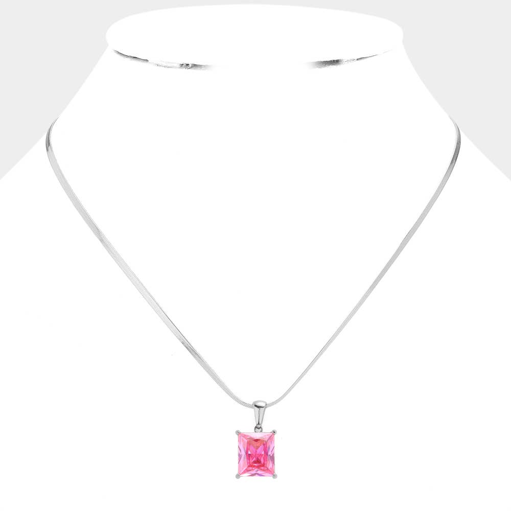 18K Gold Dipped CZ Rectangle Pendant Necklace