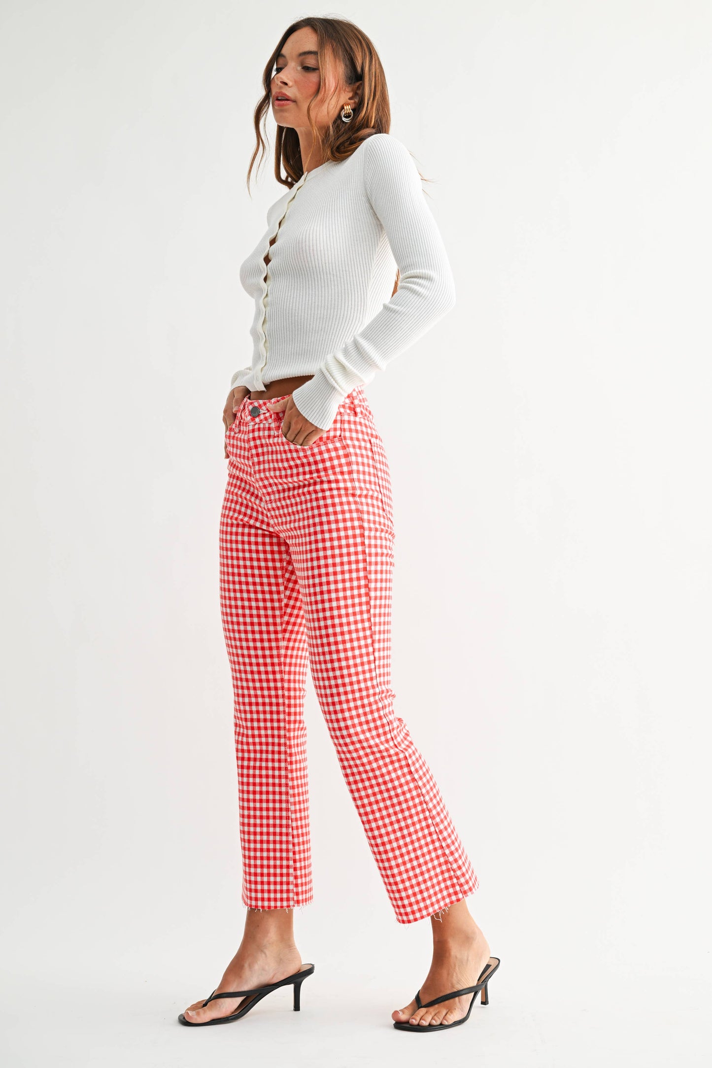 High Rise Tonal Cropped Flare - RED GINGHAM - BP370J-A