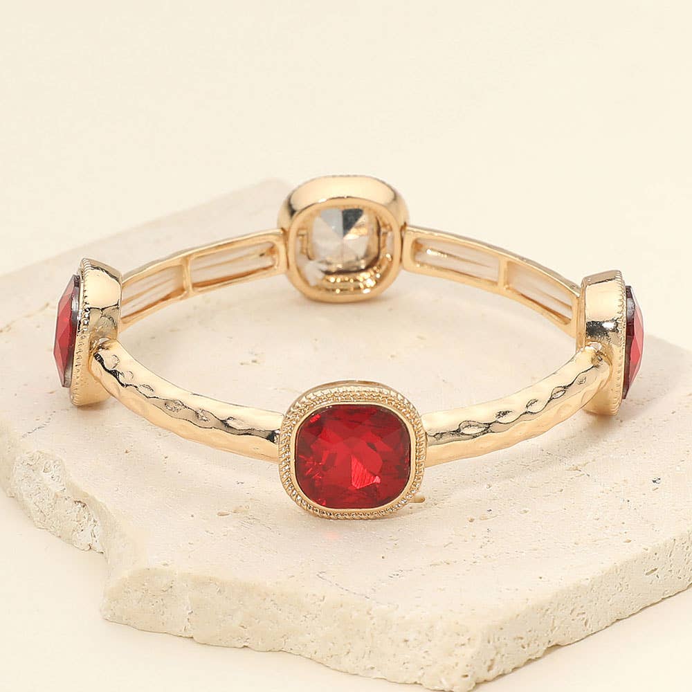 Square Stone Bezel Accent Hammered Bar Beaded Stretch Bracelet