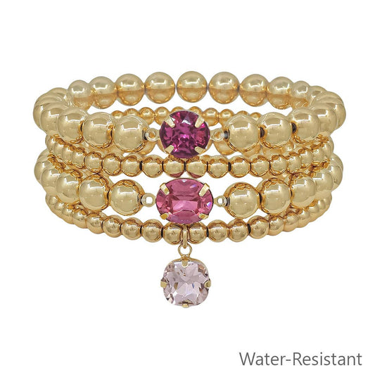Gold Beaded with Pink Crystal Accents Stretch Bracelets