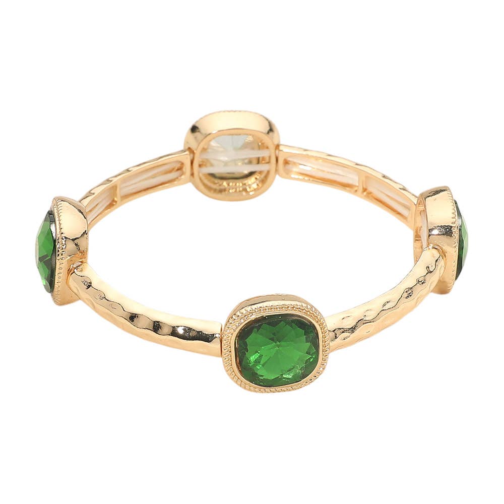 Square Stone Bezel Accent Hammered Bar Beaded Stretch Bracelet
