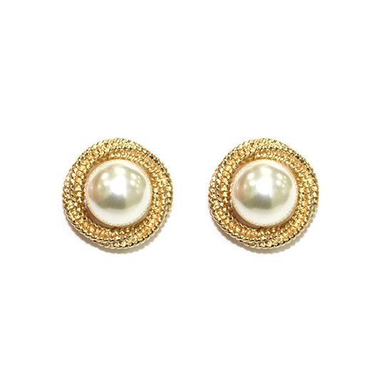 Gold Textured Geometric Circle with Pearl 1" Earrings