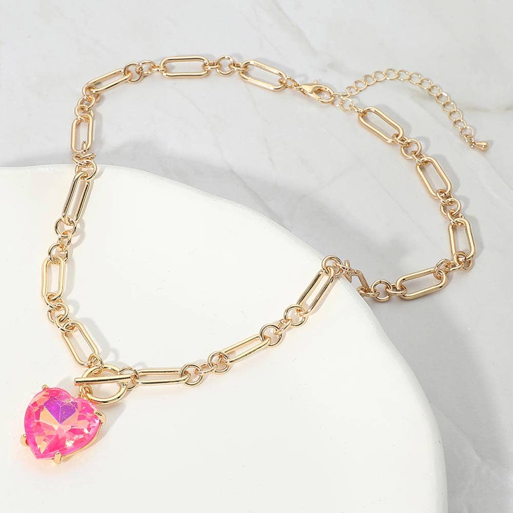 Chunky Heart Stone Cluster Toggle Pendant Necklace