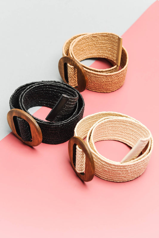 WOODEN BUCKLE RATTAN STRETCH WAIST BELT