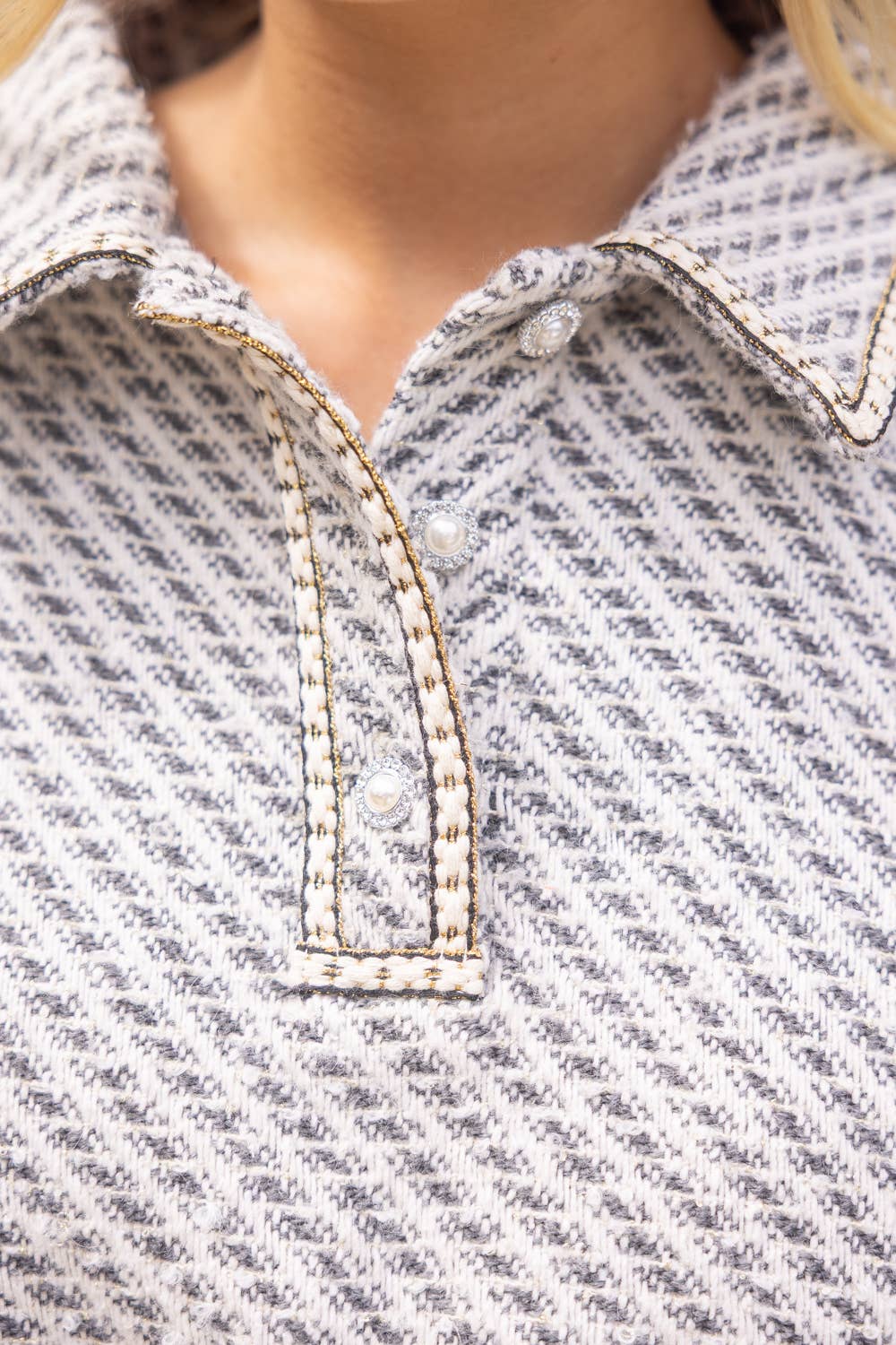 Pearl Quarter Button Collared Tweed Top