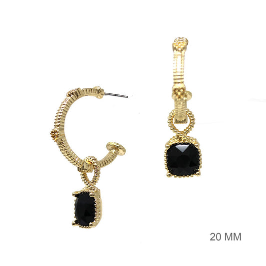 Gold Ribbed 1" Hoop with Black Crystal Stone Earring