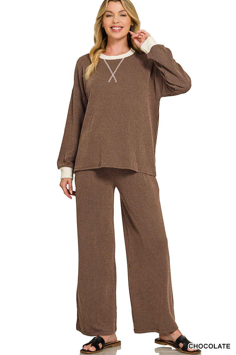 Raised Ribbed Round Neck Pants Set