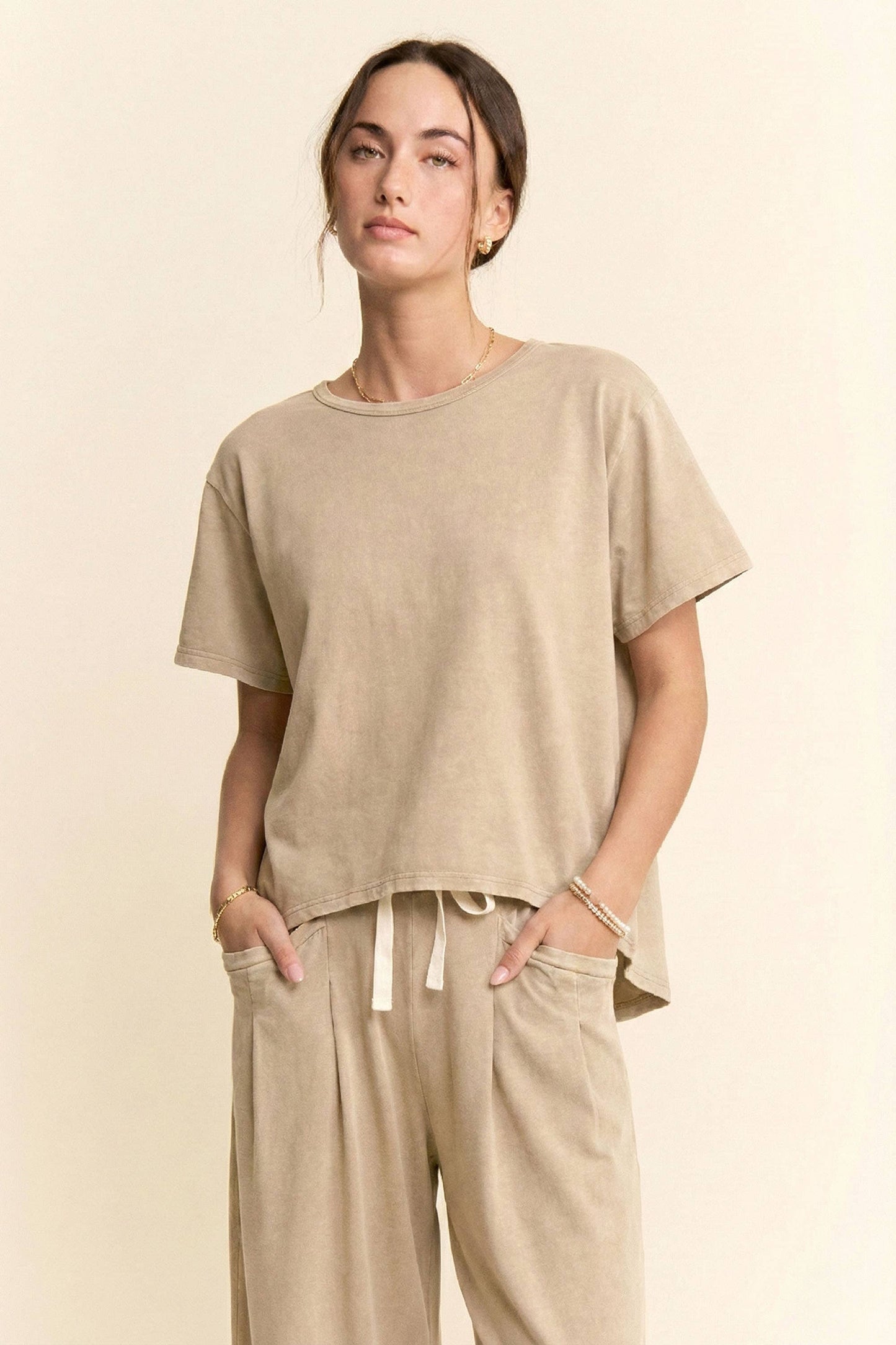 DETP40335-GARMENT WASHED PLEAT TOP PANTS SET